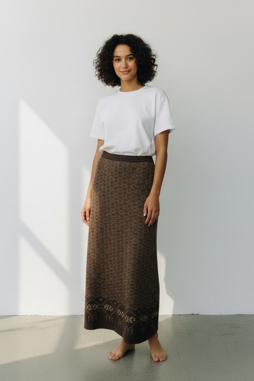 Vintage Pendleton Brown Wool Sweater Maxi Skirt XL Aztec Tribal Boho